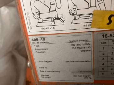 Typový štítek  na ABB IRB 1600 M2004  stroje