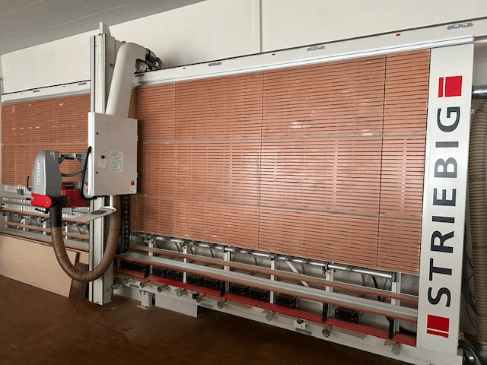 Vertikální pila na dřevo Striebig v bočním pohledu, s motorizovanou hlavou, pilovými kotouči na dřevo a systémem odsávání prachu.