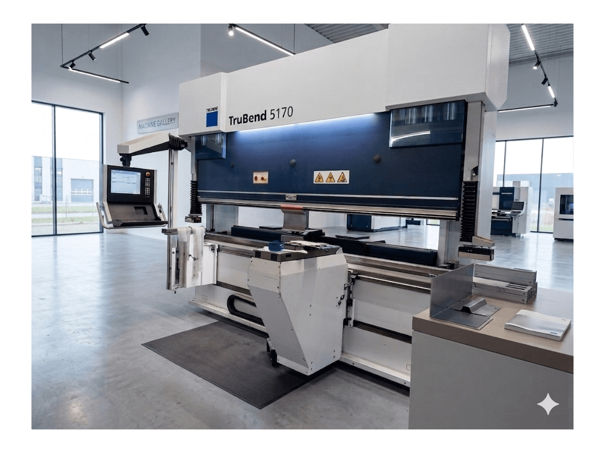 Ohraňovací lis TruBend 5170 od společnosti TRUMPF, pohled zepředu s ovládacím panelem a ohýbacím stolem, ukázka moderního designu stroje.