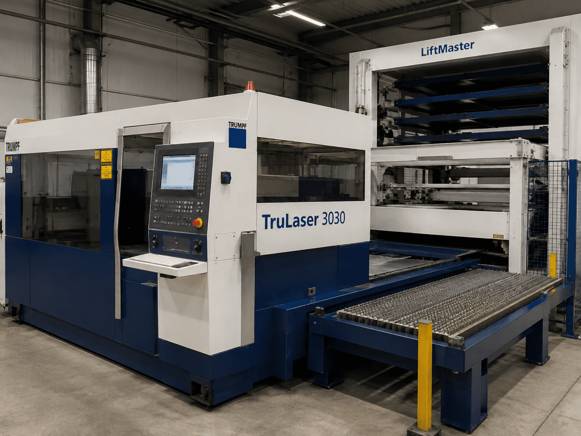 Pohled zepředu na CO₂ laserový řezací stroj TRUMPF TruLaser 3030 s LiftMasterem, vybavený ovládacím panelem a stolem pro plechy.