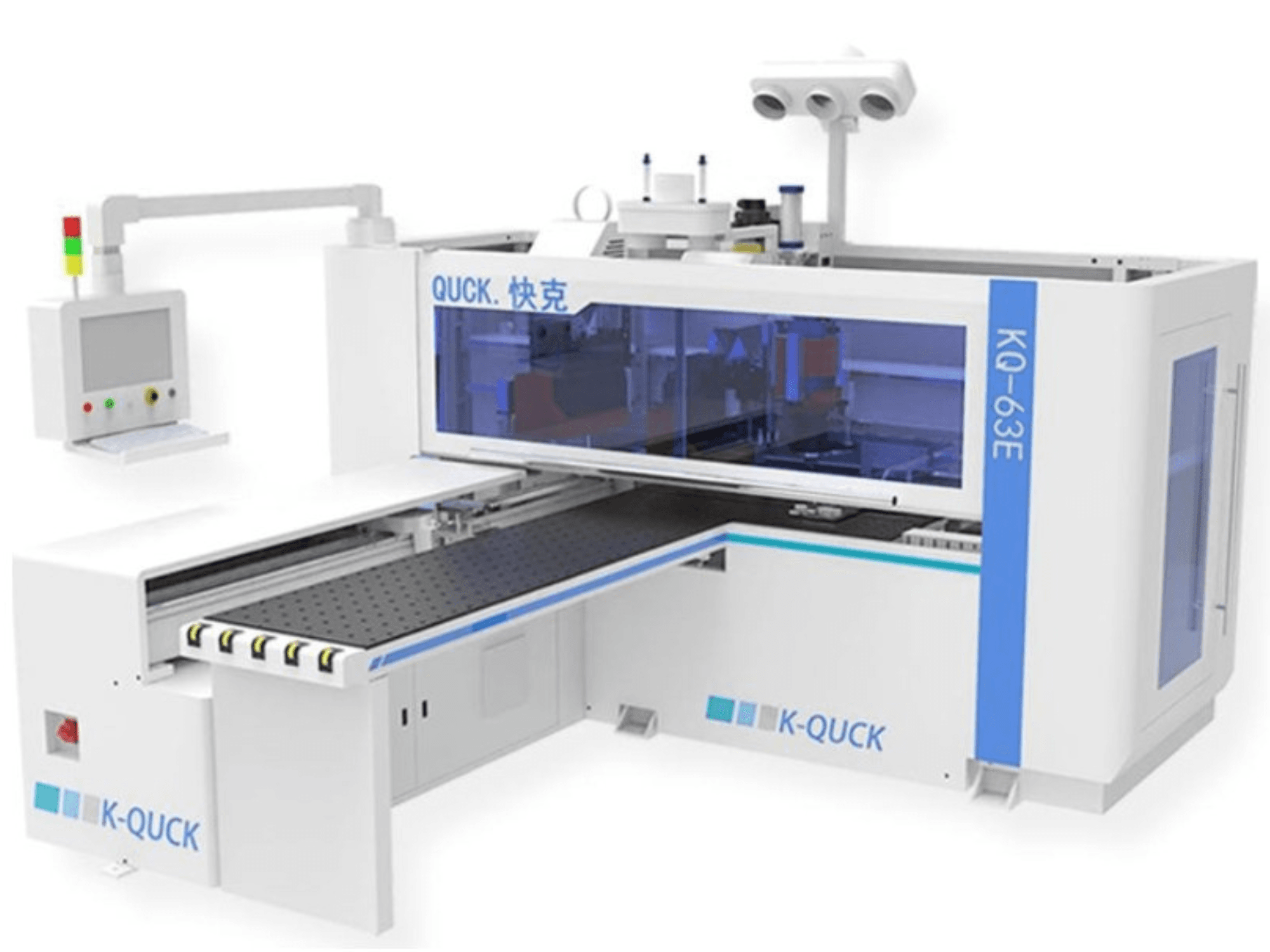 Stroj K-QUICK KQ-63E, pohled zepředu, s ovládacím panelem, průhledným krytem a plochým dopravníkem s několika válečky.