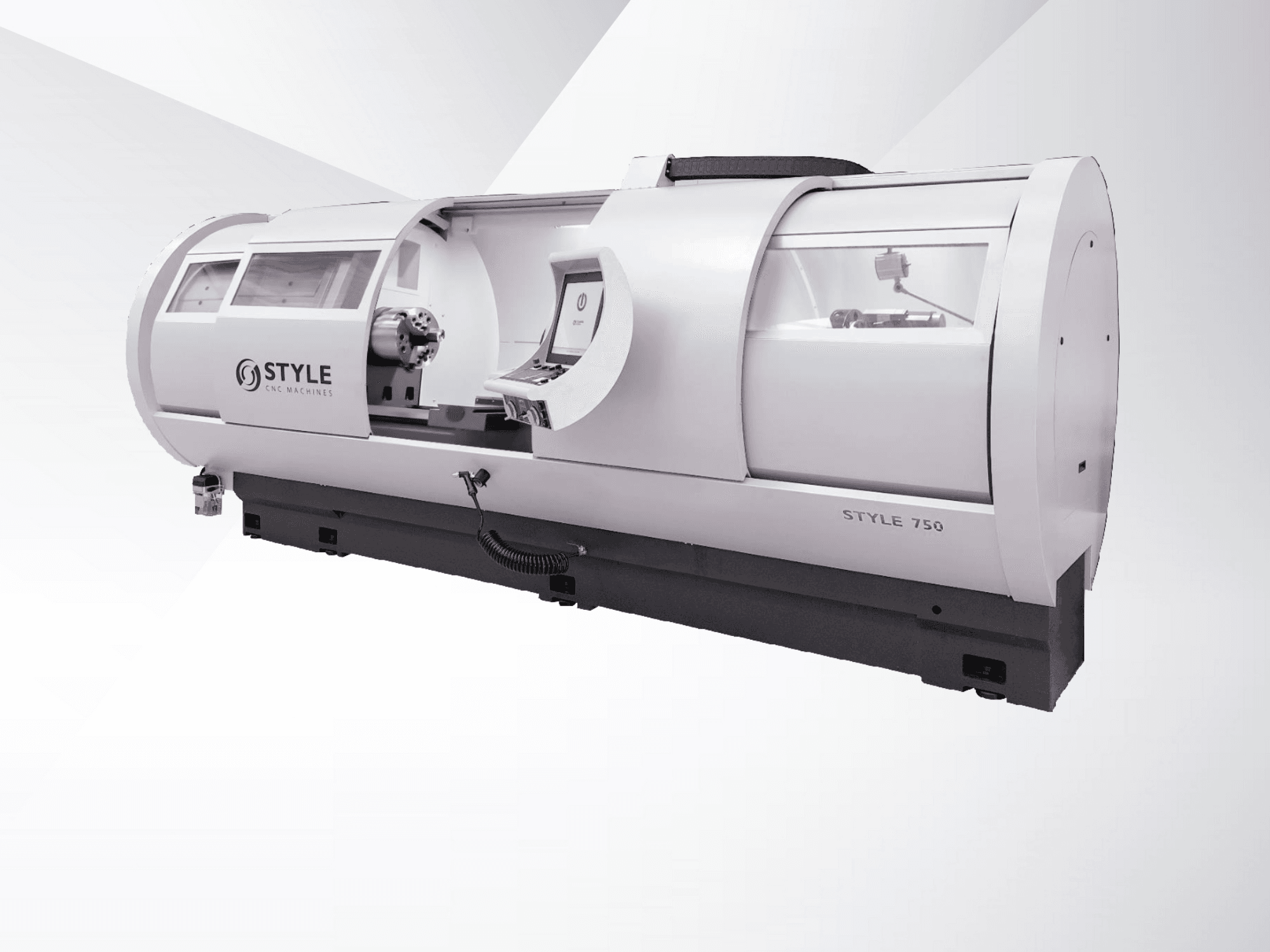 Soustruh STYLE 750 CNC, pohled zepředu, s velkým oknem, ovládacím panelem a přesnou mechanikou pro pokročilé obrábění.