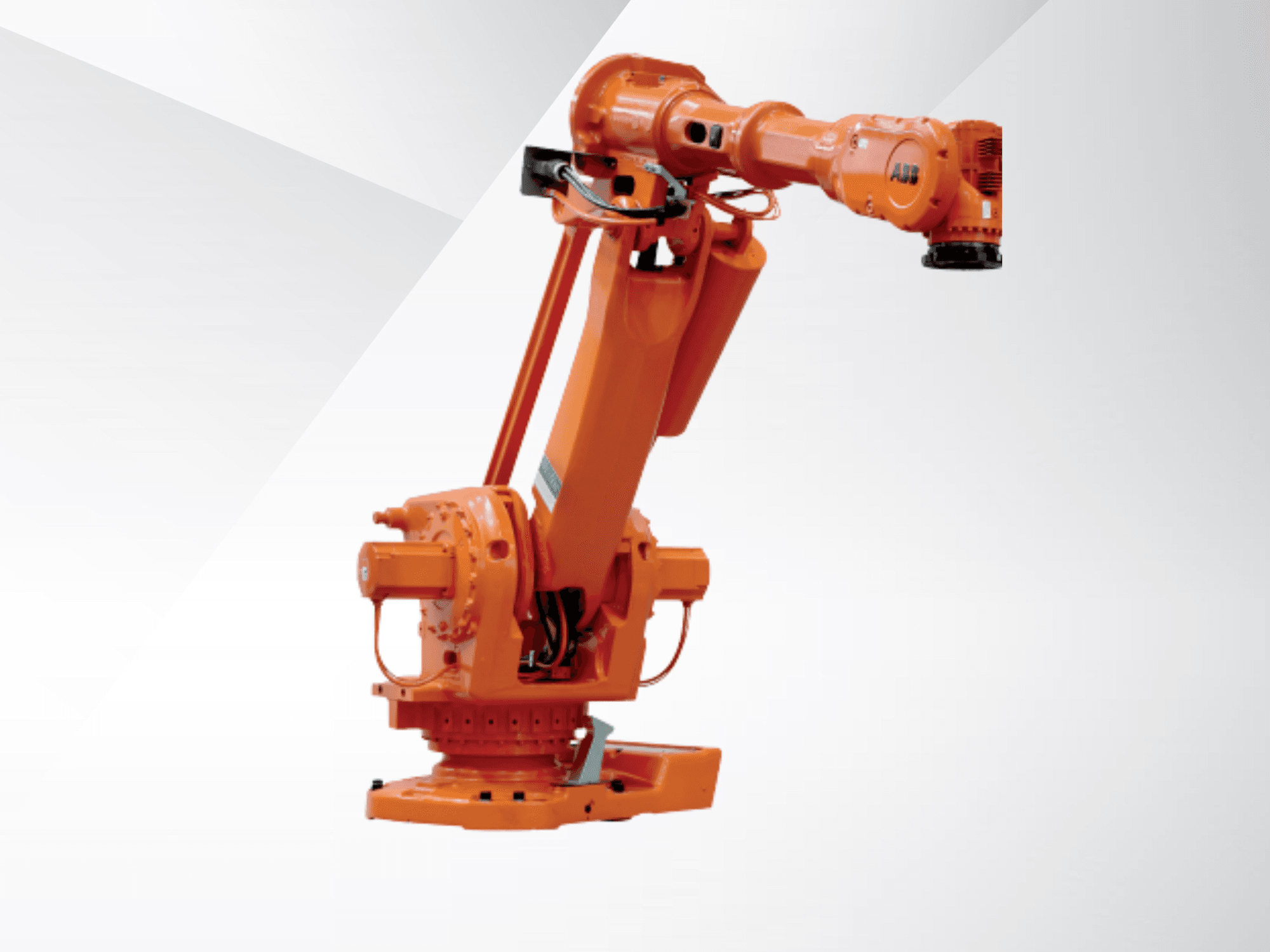 Robotické rameno ABB IRB 6650S-90/3.9 v oranžové barvě, pohled z boku, znázorňující klouby a základnu pro průmyslovou automatizaci.