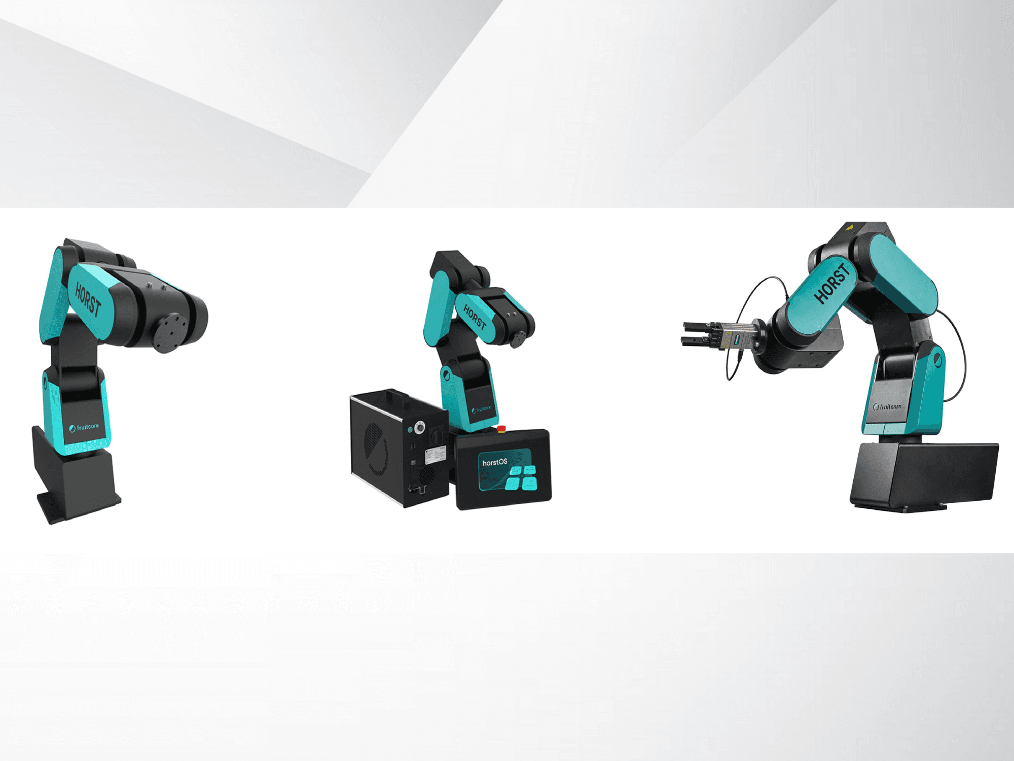 Tři pohledy na robotickou ruku Horst od společnosti Fruitcore, které zdůrazňují její černo-tealový design, ovládací panel a nástavec chapadla.
