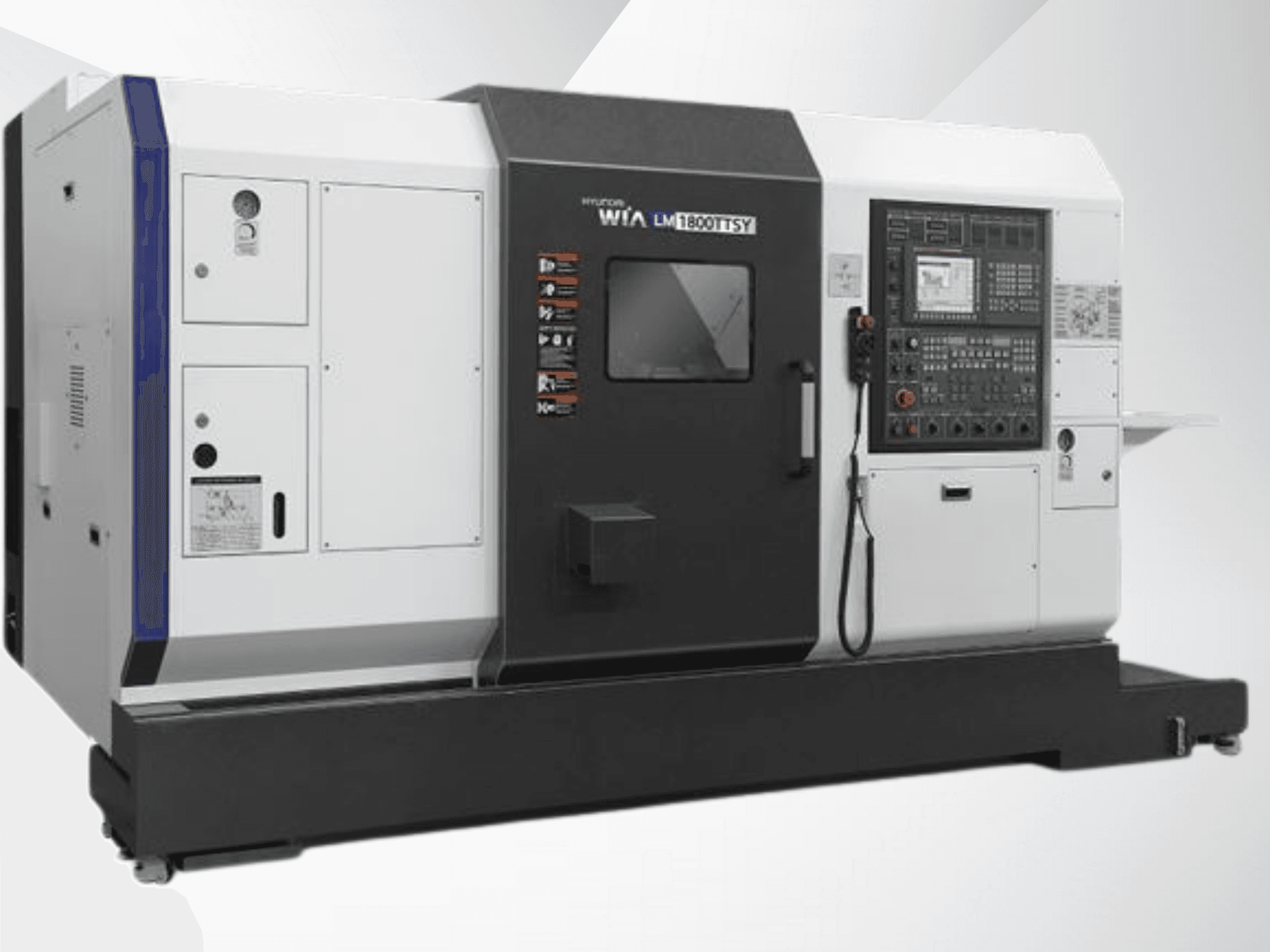 Soustruh Hyundai LM1800TTSY CNC, pohled zepředu, s ovládacím panelem, černobílým exteriérem a ovládacími tlačítky.
