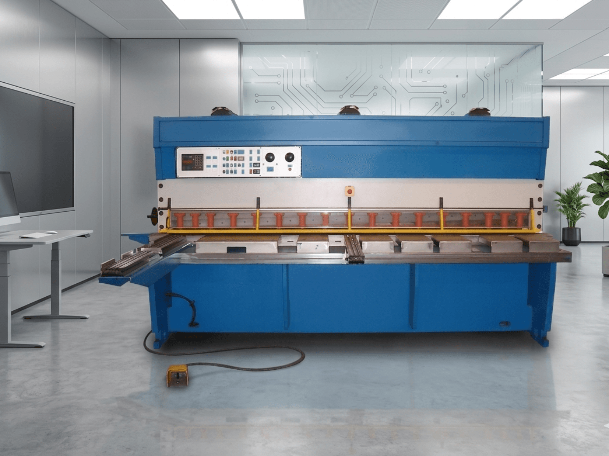 Hydraulické nůžky GASPARINI CO 3006, pohled zepředu, s ovládacím panelem a prostorem pro stříhání kovů, v moderním pracovním prostoru.